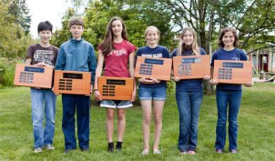 As pictured left to right: Jacob Gold (7th grade) – Integrity, Kieran Enzian (7th grade) – Respect, Virginia Miller (8th grade) – Accountability, Campbell Foster (6th grade) – Compassion, Dagmar Copeland (6th grade) – Personal Best, Julia Ellison (6th grade) – Responsibility.