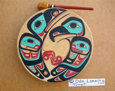 “Lovebirds: Eagle & Raven” elkhide drum, © Odin Lonning, Tlingit.