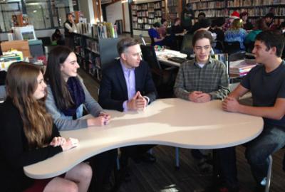 Pictured from left to right Riptide Newspaper staff Lilly Hennessey and Sara Rada, King County Executive Dow Constantine, Vashon High School Student Body Presidents Daniel Green and Benjamin Stemer.  Photo taken by: Mary Kay Rauma