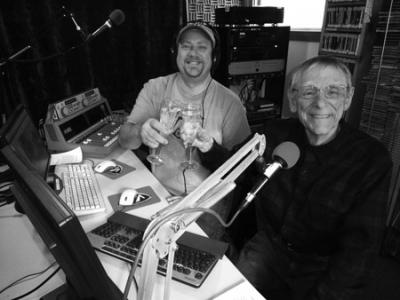 Audio engineer Michael Golen-Johnson and The Jazz Guy Bill Wood celebrate The Jazz Guy’s 300th show since premiering on Voice of Vashon in 1999. Photo by Richard Rogers