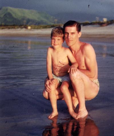 Rick and his dad Mark Tuel on the beach at Karatsu, Japan, September, 1951. Photo by Dawn Tuel.