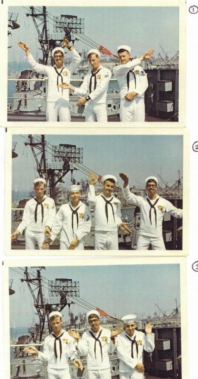 Signalmen commenting on Navy life, circa 1968. 1. T-H-E  2. N-A-V-Y 3. S-U-X